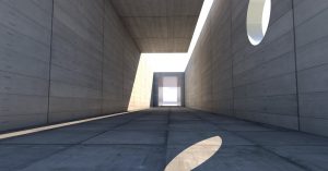Avaleht Concrete passage showcasing modern architecture with dramatic light and shadow play.